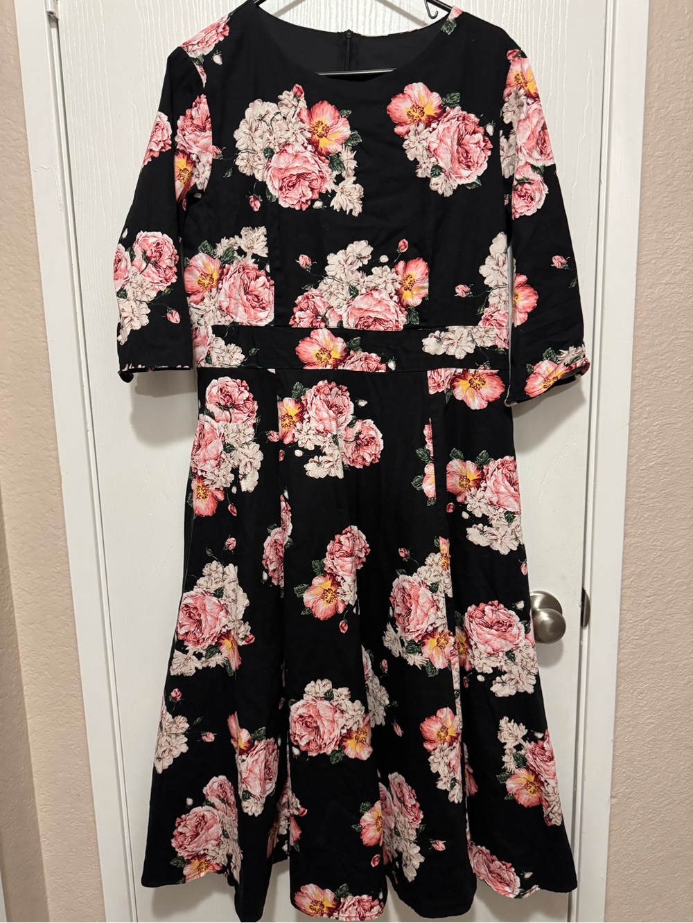 Simple Black Midi Dress with Pink Floral Pattern